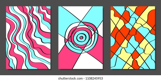 Abstract Geometric Backgrounds Set with Handwritten Wavy Lines and Ethic Elements. Bright Psychedelic Wallpaper. Colorful Vector Illustration Applicable for Posters, Magazine, Layout, Splash Screen.