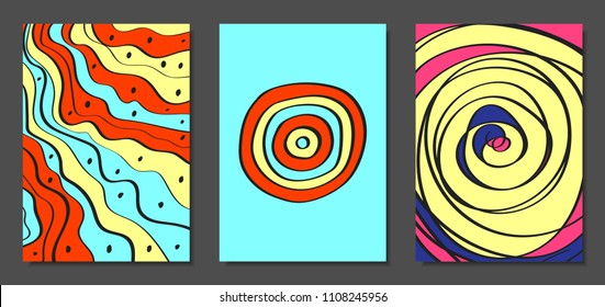 Abstract Geometric Backgrounds Set with Handwritten Wavy Lines and Ethic Elements. Bright Psychedelic Wallpaper. Colorful Vector Illustration Applicable for Posters, Magazine, Layout, Splash Screen.