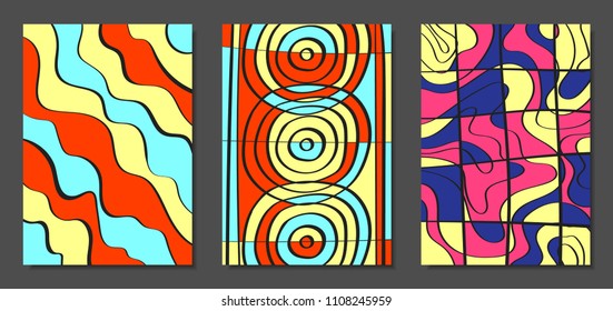 Abstract Geometric Backgrounds Set with Handwritten Wavy Lines and Ethic Elements. Bright Psychedelic Wallpaper. Colorful Vector Illustration Applicable for Posters, Magazine, Layout, Splash Screen.