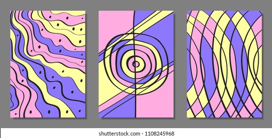 Abstract Geometric Backgrounds Set with Handwritten Wavy Lines and Ethic Elements. Bright Psychedelic Wallpaper in Pastel Color Design. Vector Illustration in Pink, Purple and Yellow Colors.