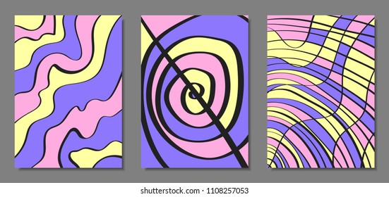 Abstract Geometric Backgrounds Set with Handwritten Wavy Lines and Ethic Elements. Bright Psychedelic Wallpaper in Pastel Color Design. Vector Illustration in Pink, Purple and Yellow Colors.