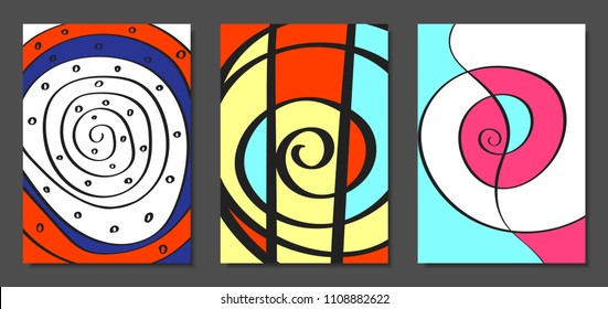 Abstract Geometric Backgrounds Set with Handwritten Wavy Lines and Ethic Elements. Bright Psychedelic Wallpaper. Colorful Vector Illustration Applicable for Posters, Magazine, Layout, Splash Screen.