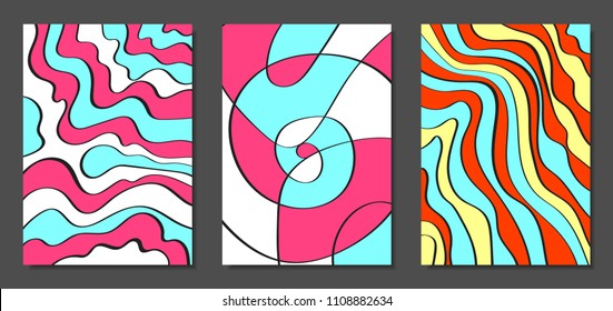 Abstract Geometric Backgrounds Set with Handwritten Wavy Lines and Ethic Elements. Bright Psychedelic Wallpaper. Colorful Vector Illustration Applicable for Posters, Magazine, Layout, Splash Screen.