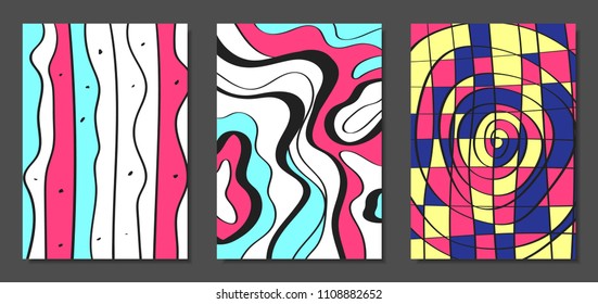 Abstract Geometric Backgrounds Set with Handwritten Wavy Lines and Ethic Elements. Bright Psychedelic Wallpaper. Colorful Vector Illustration Applicable for Posters, Magazine, Layout, Splash Screen.