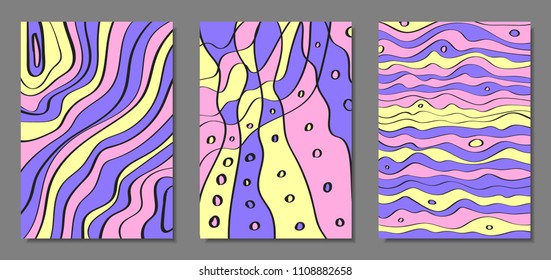 Abstract Geometric Backgrounds Set with Handwritten Wavy Lines and Ethic Elements. Bright Psychedelic Wallpaper in Pastel Color Design. Vector Illustration in Pink, Purple and Yellow Colors.