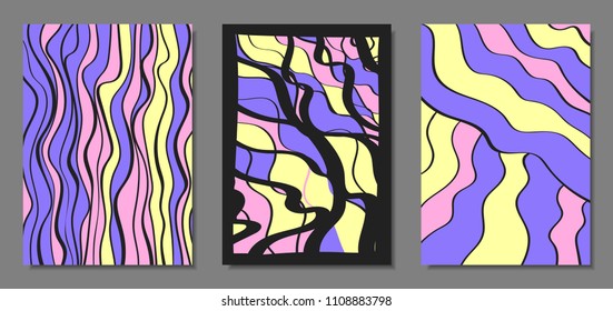 Abstract Geometric Backgrounds Set with Handwritten Wavy Lines and Ethic Elements. Bright Psychedelic Wallpaper in Pastel Color Design. Vector Illustration in Pink, Purple and Yellow Colors.