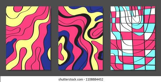 Abstract Geometric Backgrounds Set with Handwritten Wavy Lines and Ethic Elements. Bright Psychedelic Wallpaper. Colorful Vector Illustration Applicable for Posters, Magazine, Layout, Splash Screen.