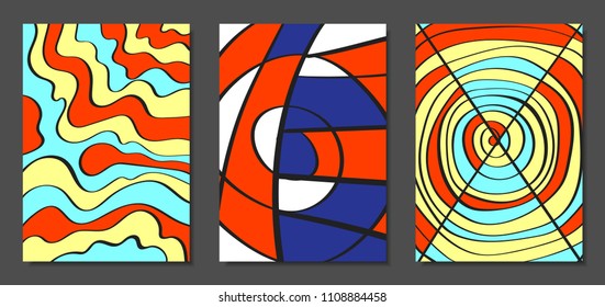 Abstract Geometric Backgrounds Set with Handwritten Wavy Lines and Ethic Elements. Bright Psychedelic Wallpaper. Colorful Vector Illustration Applicable for Posters, Magazine, Layout, Splash Screen.