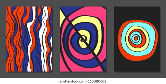 Abstract Geometric Backgrounds Set with Handwritten Wavy Lines and Ethic Elements. Bright Psychedelic Wallpaper. Colorful Vector Illustration Applicable for Posters, Magazine, Layout, Splash Screen.