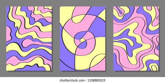 Abstract Geometric Backgrounds Set with Handwritten Wavy Lines and Ethic Elements. Bright Psychedelic Wallpaper in Pastel Color Design. Vector Illustration in Pink, Purple and Yellow Colors.