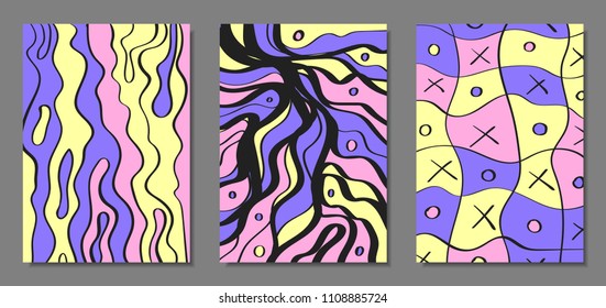 Abstract Geometric Backgrounds Set with Handwritten Wavy Lines and Ethic Elements. Bright Psychedelic Wallpaper in Pastel Color Design. Vector Illustration in Pink, Purple and Yellow Colors.