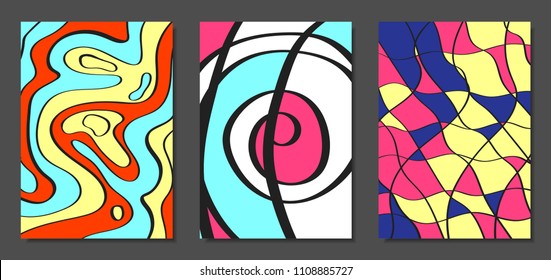 Abstract Geometric Backgrounds Set with Handwritten Wavy Lines and Ethic Elements. Bright Psychedelic Wallpaper. Colorful Vector Illustration Applicable for Posters, Magazine, Layout, Splash Screen.