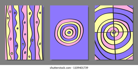 Abstract Geometric Backgrounds Set with Handwritten Wavy Lines and Ethic Elements. Bright Psychedelic Wallpaper in Pastel Color Design. Vector Illustration in Pink, Purple and Yellow Colors.
