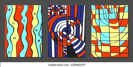 Abstract Geometric Backgrounds Set with Handwritten Wavy Lines and Ethic Elements. Bright Psychedelic Wallpaper. Colorful Vector Illustration Applicable for Posters, Magazine, Layout, Splash Screen.