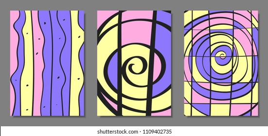 Abstract Geometric Backgrounds Set with Handwritten Wavy Lines and Ethic Elements. Bright Psychedelic Wallpaper in Pastel Color Design. Vector Illustration in Pink, Purple and Yellow Colors.