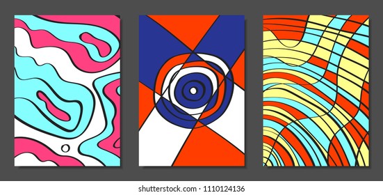 Abstract Geometric Backgrounds Set with Handwritten Wavy Lines and Ethic Elements. Bright Psychedelic Wallpaper. Colorful Vector Illustration Applicable for Posters, Magazine, Layout, Splash Screen.