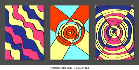 Abstract Geometric Backgrounds Set with Handwritten Wavy Lines and Ethic Elements. Bright Psychedelic Wallpaper. Colorful Vector Illustration Applicable for Posters, Magazine, Layout, Splash Screen.