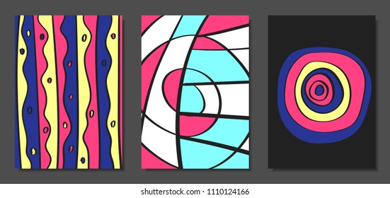 Abstract Geometric Backgrounds Set with Handwritten Wavy Lines and Ethic Elements. Bright Psychedelic Wallpaper. Colorful Vector Illustration Applicable for Posters, Magazine, Layout, Splash Screen.