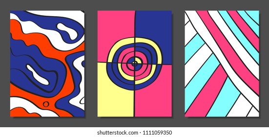 Abstract Geometric Backgrounds Set with Handwritten Wavy Lines and Ethic Elements. Bright Psychedelic Wallpaper. Colorful Vector Illustration Applicable for Posters, Magazine, Layout, Splash Screen.