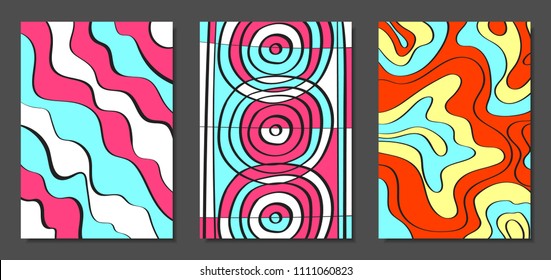 Abstract Geometric Backgrounds Set with Handwritten Wavy Lines and Ethic Elements. Bright Psychedelic Wallpaper. Colorful Vector Illustration Applicable for Posters, Magazine, Layout, Splash Screen.