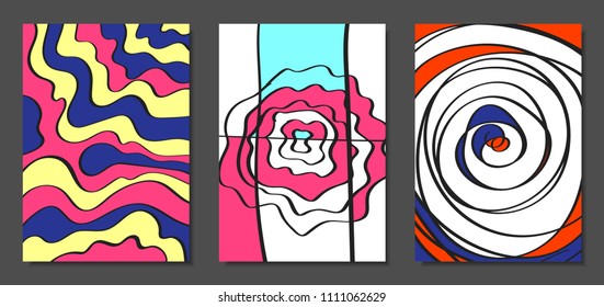 Abstract Geometric Backgrounds Set with Handwritten Wavy Lines and Ethic Elements. Bright Psychedelic Wallpaper. Colorful Vector Illustration Applicable for Posters, Magazine, Layout, Splash Screen.