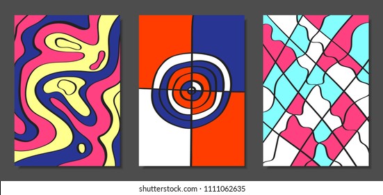 Abstract Geometric Backgrounds Set with Handwritten Wavy Lines and Ethic Elements. Bright Psychedelic Wallpaper. Colorful Vector Illustration Applicable for Posters, Magazine, Layout, Splash Screen.