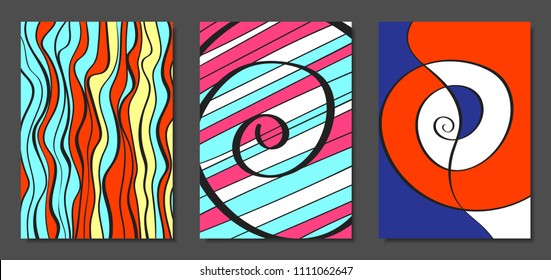 Abstract Geometric Backgrounds Set with Handwritten Wavy Lines and Ethic Elements. Bright Psychedelic Wallpaper. Colorful Vector Illustration Applicable for Posters, Magazine, Layout, Splash Screen.