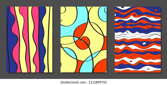 Abstract Geometric Backgrounds Set with Handwritten Wavy Lines and Ethic Elements. Bright Psychedelic Wallpaper. Colorful Vector Illustration Applicable for Posters, Magazine, Layout, Splash Screen.
