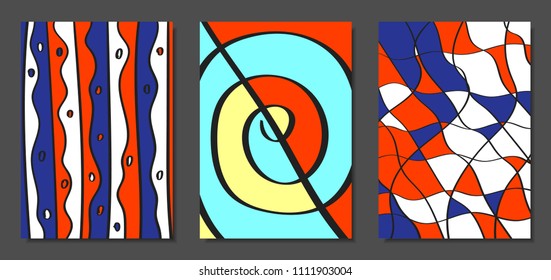 Abstract Geometric Backgrounds Set with Handwritten Wavy Lines and Ethic Elements. Bright Psychedelic Wallpaper. Colorful Vector Illustration Applicable for Posters, Magazine, Layout, Splash Screen.
