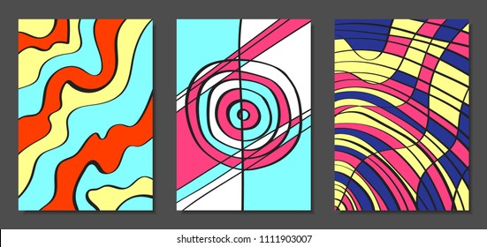 Abstract Geometric Backgrounds Set with Handwritten Wavy Lines and Ethic Elements. Bright Psychedelic Wallpaper. Colorful Vector Illustration Applicable for Posters, Magazine, Layout, Splash Screen.