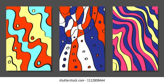 Abstract Geometric Backgrounds Set with Handwritten Wavy Lines and Ethic Elements. Bright Psychedelic Wallpaper. Colorful Vector Illustration Applicable for Posters, Magazine, Layout, Splash Screen.