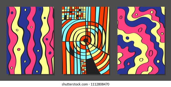 Abstract Geometric Backgrounds Set with Handwritten Wavy Lines and Ethic Elements. Bright Psychedelic Wallpaper. Colorful Vector Illustration Applicable for Posters, Magazine, Layout, Splash Screen.