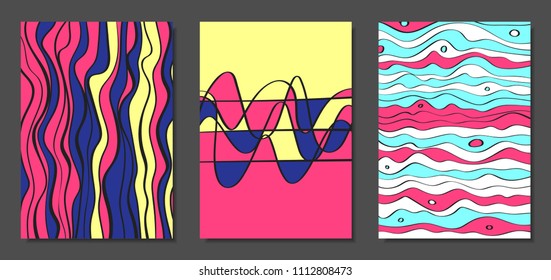 Abstract Geometric Backgrounds Set with Handwritten Wavy Lines and Ethic Elements. Bright Psychedelic Wallpaper. Colorful Vector Illustration Applicable for Posters, Magazine, Layout, Splash Screen.