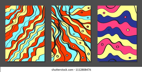 Abstract Geometric Backgrounds Set with Handwritten Wavy Lines and Ethic Elements. Bright Psychedelic Wallpaper. Colorful Vector Illustration Applicable for Posters, Magazine, Layout, Splash Screen.