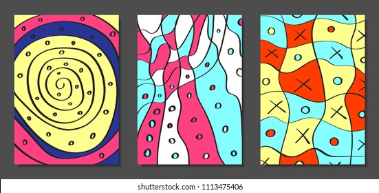 Abstract Geometric Backgrounds Set with Handwritten Wavy Lines and Ethic Elements. Bright Psychedelic Wallpaper. Colorful Vector Illustration Applicable for Posters, Magazine, Layout, Splash Screen.
