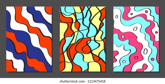 Abstract Geometric Backgrounds Set with Handwritten Wavy Lines and Ethic Elements. Bright Psychedelic Wallpaper. Colorful Vector Illustration Applicable for Posters, Magazine, Layout, Splash Screen.