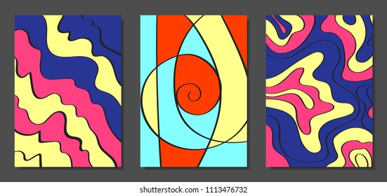 Abstract Geometric Backgrounds Set with Handwritten Wavy Lines and Ethic Elements. Bright Psychedelic Wallpaper. Colorful Vector Illustration Applicable for Posters, Magazine, Layout, Splash Screen.