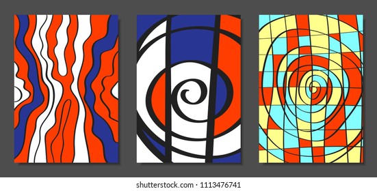 Abstract Geometric Backgrounds Set with Handwritten Wavy Lines and Ethic Elements. Bright Psychedelic Wallpaper. Colorful Vector Illustration Applicable for Posters, Magazine, Layout, Splash Screen.