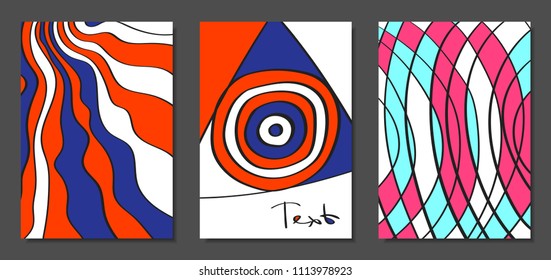 Abstract Geometric Backgrounds Set with Handwritten Wavy Lines and Ethic Elements. Bright Psychedelic Wallpaper. Colorful Vector Illustration Applicable for Posters, Magazine, Layout, Splash Screen.