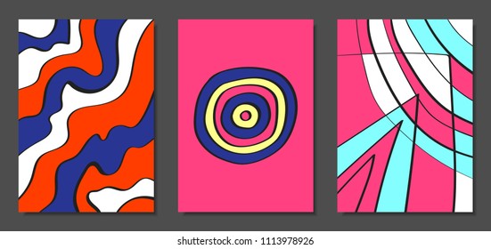 Abstract Geometric Backgrounds Set with Handwritten Wavy Lines and Ethic Elements. Bright Psychedelic Wallpaper. Colorful Vector Illustration Applicable for Posters, Magazine, Layout, Splash Screen.