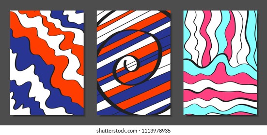 Abstract Geometric Backgrounds Set with Handwritten Wavy Lines and Ethic Elements. Bright Psychedelic Wallpaper. Colorful Vector Illustration Applicable for Posters, Magazine, Layout, Splash Screen.