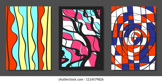 Abstract Geometric Backgrounds Set with Handwritten Wavy Lines and Ethic Elements. Bright Psychedelic Wallpaper. Colorful Vector Illustration Applicable for Posters, Magazine, Layout, Splash Screen.