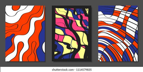 Abstract Geometric Backgrounds Set with Handwritten Wavy Lines and Ethic Elements. Bright Psychedelic Wallpaper. Colorful Vector Illustration Applicable for Posters, Magazine, Layout, Splash Screen.