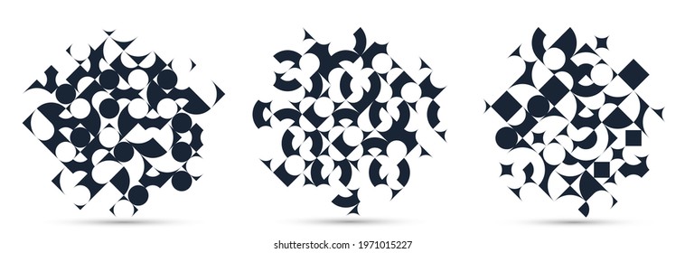 Abstract geometric backgrounds set isolated, vector black and white design elements in retro style of 70s, modern complex compositions with geometrical shapes.