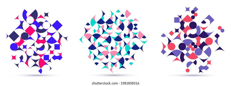 Resumen de fondos geométricos aislados sobre elementos de diseño vectorial blancos en estilo retro de los años 70, composiciones modulares modernas con formas geométricas coloridas.