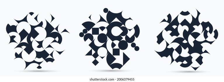 Abstract geometric backgrounds set isolated, vector black and white design elements in retro style of 70s, modern complex compositions with geometrical shapes.