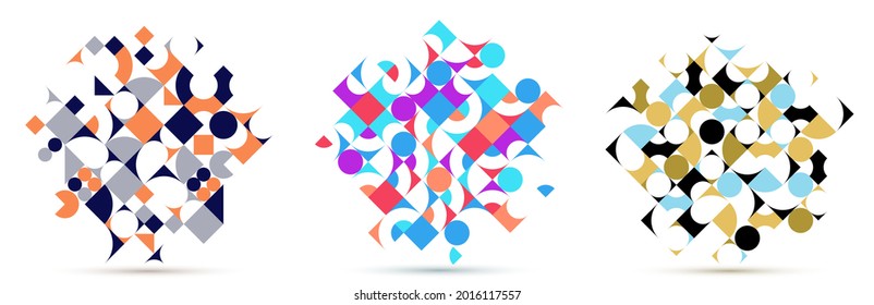 Resumen de fondos geométricos aislados sobre elementos de diseño vectorial blancos en estilo retro de los años 70, composiciones modulares modernas con formas geométricas coloridas.