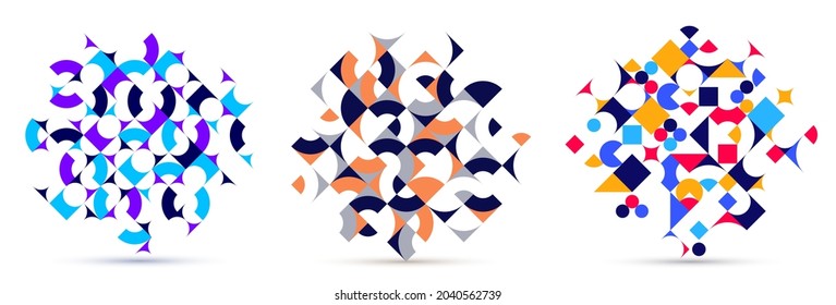 Abstract geometric backgrounds set isolated over white, vector design elements in retro style of 70s, modern modular compositions with colorful geometrical shapes. - Shutterstock ID 2040562739