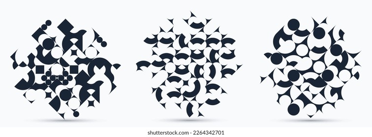 Abstract geometric backgrounds set isolated, vector black and white design elements in retro style of 70s, modern complex compositions with geometrical shapes.