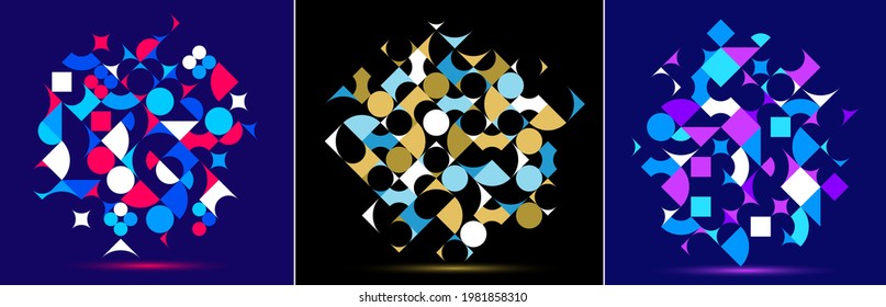 Abstract geometric backgrounds set, vector design elements in retro style of 70s, modern complex compositions with colorful geometrical shapes, modular designs.